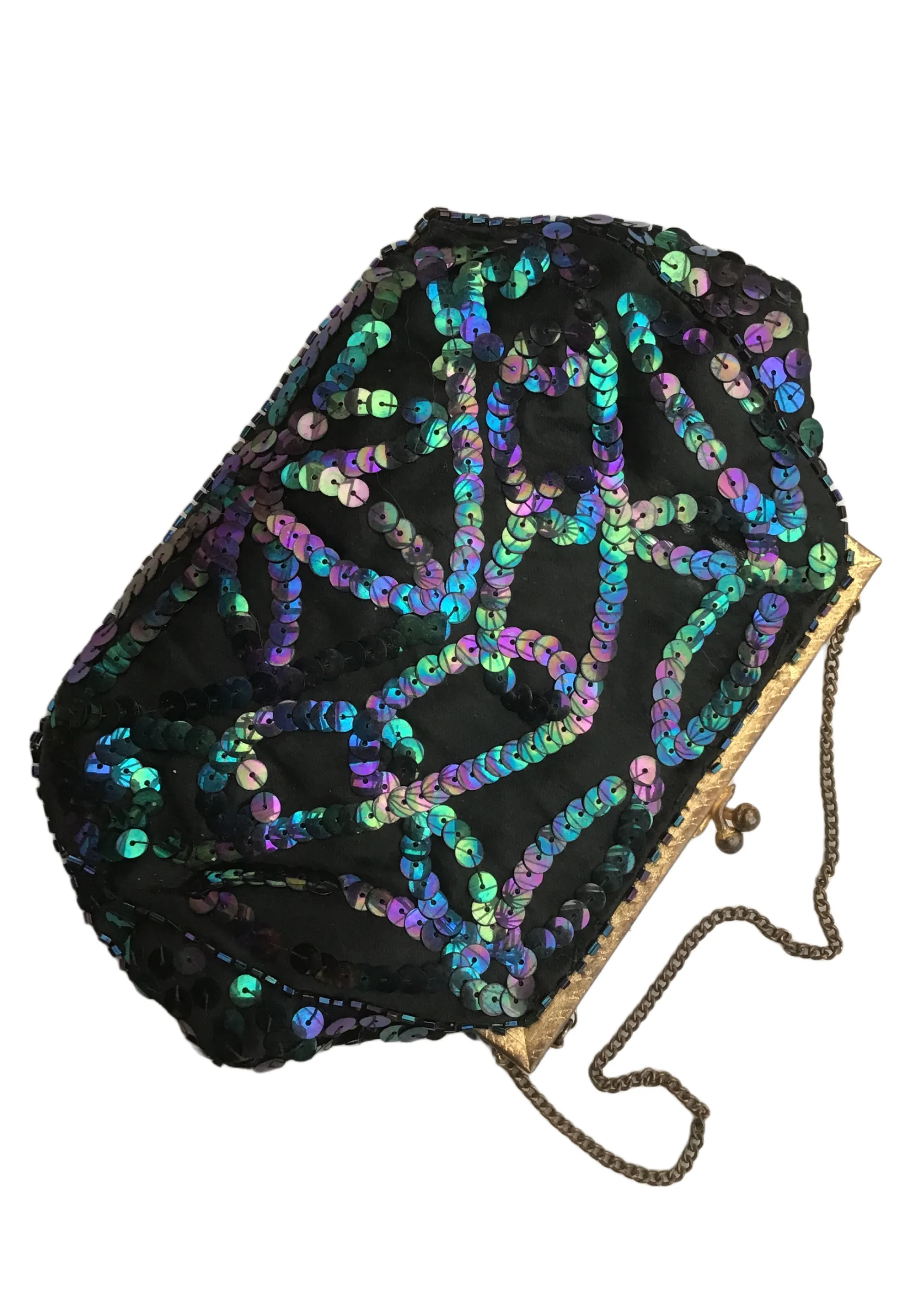 1930s Vintage Deco Iridescent Sequin Evening Purse • Frame • Flapper Bag