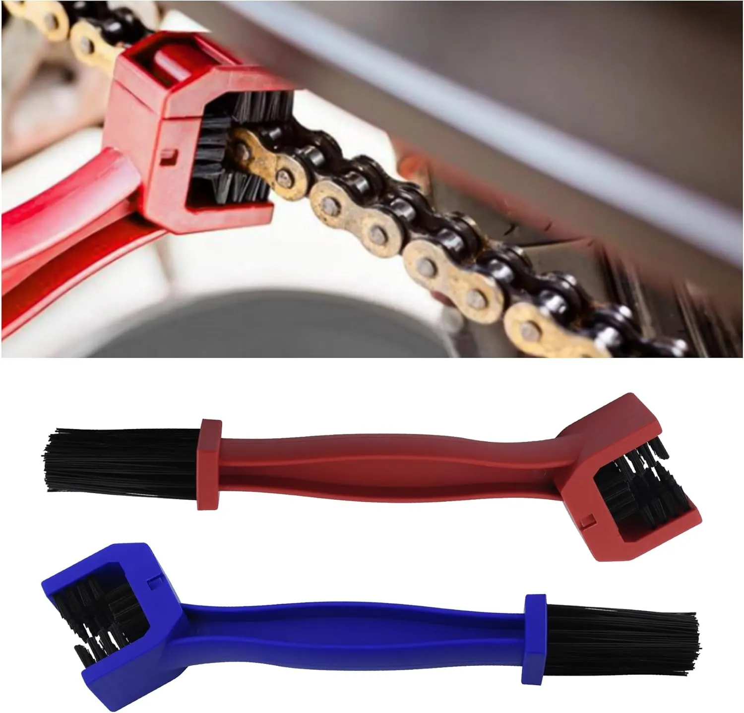 2PCS Motorcycle Chain Brush,Double-Ended Motorcycle Chain Cleaner with Three-Sided and Long Bristles,Universal Motorcycle Chain Cleaning Kit for Motorcycle Bicycle Mountain Bike (1 Red   1 Blue)