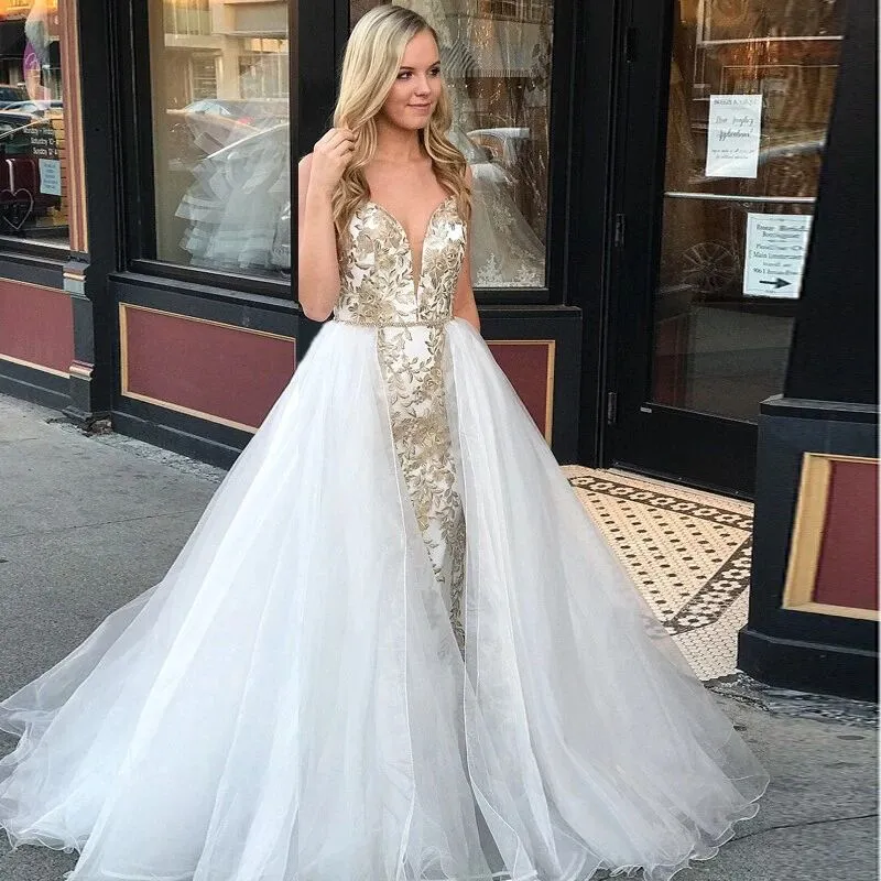 A-Line Spaghetti Straps Floor Length White Detachable Train Prom Dress with Appliques PFP1576