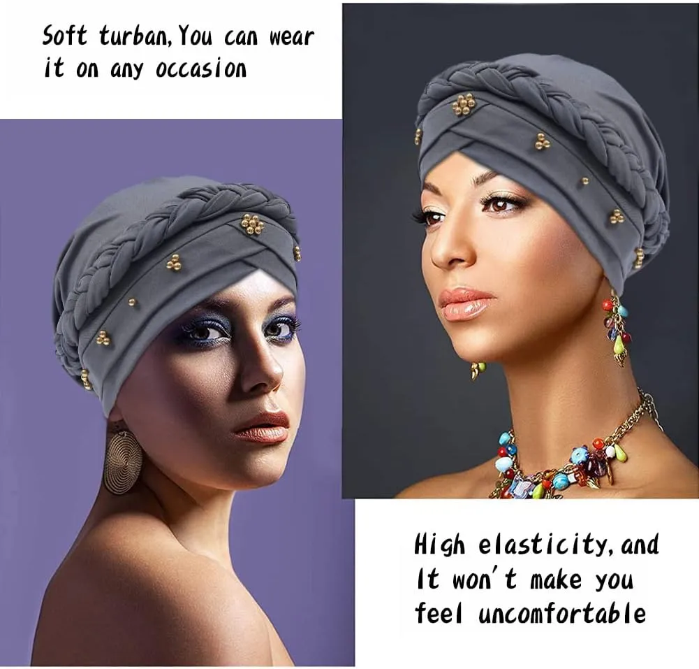 African Women Turban Cap Twisted Beaded Braid Head Wraps Pre-Tied Chemo Headscarf for Cancer Hair Cover hats