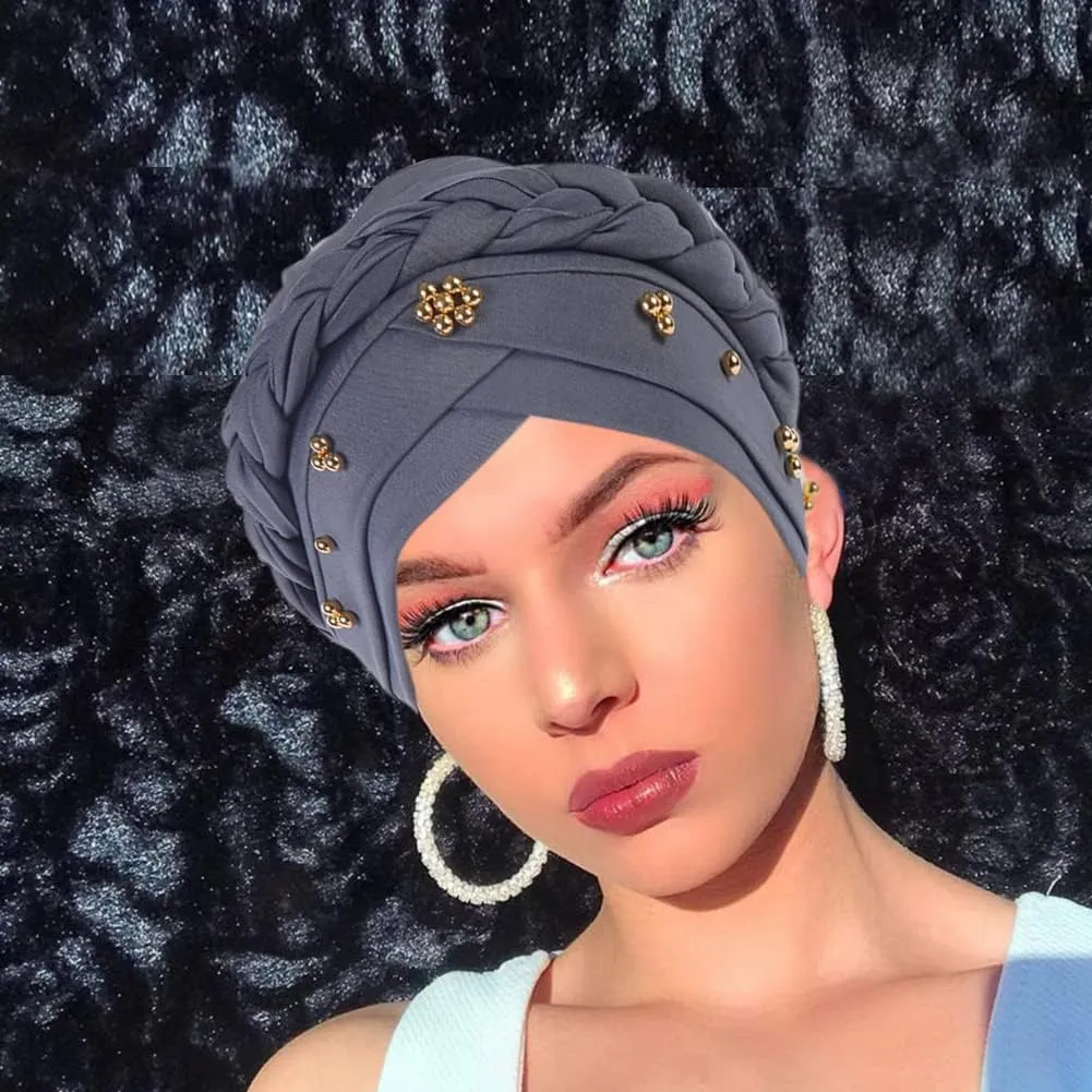 African Women Turban Cap Twisted Beaded Braid Head Wraps Pre-Tied Chemo Headscarf for Cancer Hair Cover hats