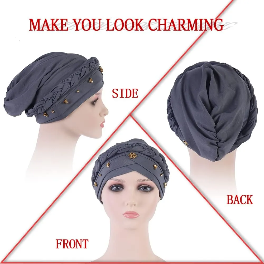 African Women Turban Cap Twisted Beaded Braid Head Wraps Pre-Tied Chemo Headscarf for Cancer Hair Cover hats