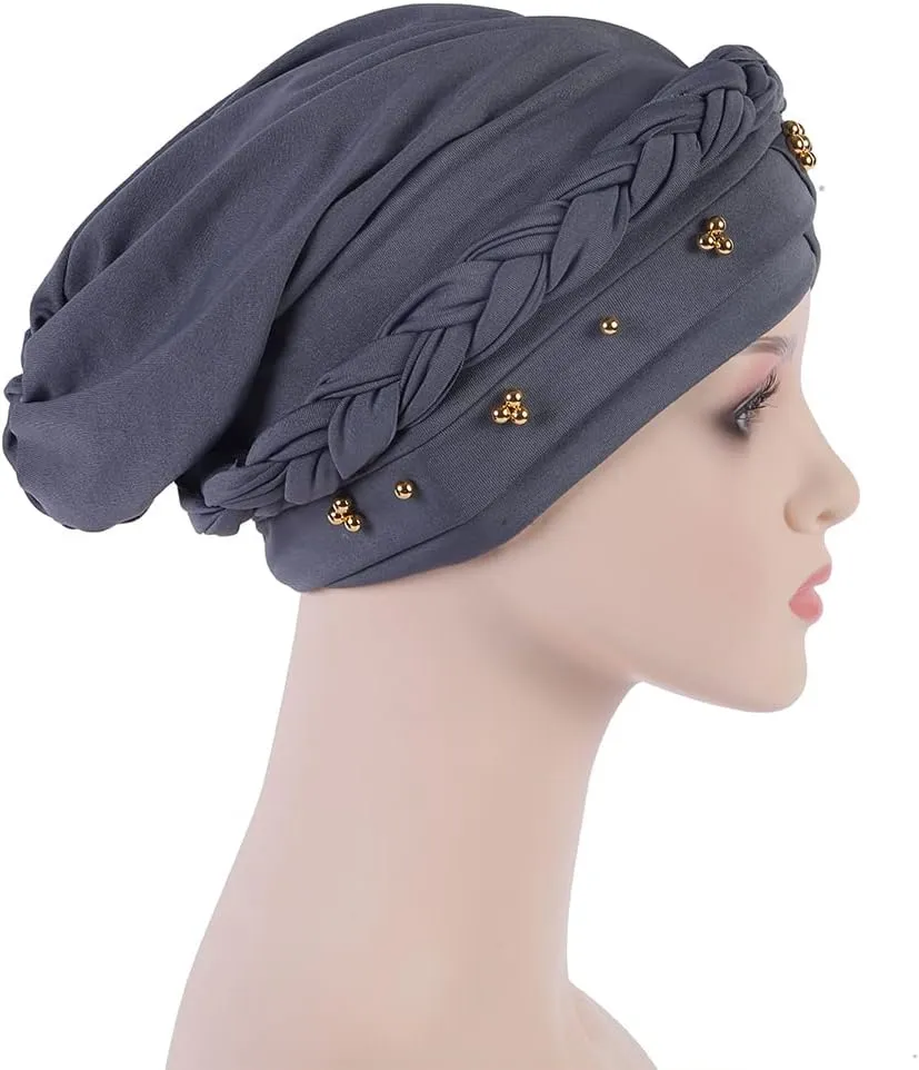 African Women Turban Cap Twisted Beaded Braid Head Wraps Pre-Tied Chemo Headscarf for Cancer Hair Cover hats
