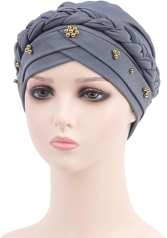African Women Turban Cap Twisted Beaded Braid Head Wraps Pre-Tied Chemo Headscarf for Cancer Hair Cover hats