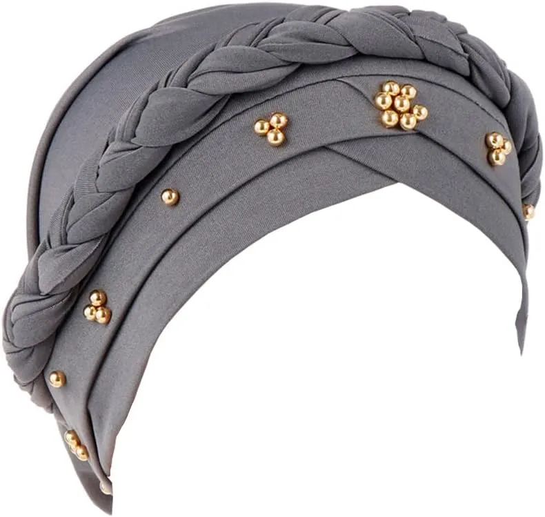 African Women Turban Cap Twisted Beaded Braid Head Wraps Pre-Tied Chemo Headscarf for Cancer Hair Cover hats
