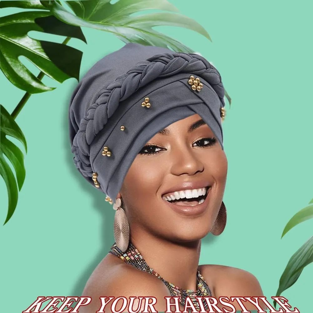 African Women Turban Cap Twisted Beaded Braid Head Wraps Pre-Tied Chemo Headscarf for Cancer Hair Cover hats