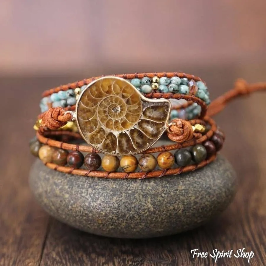 Ammonite Fossil & Jasper Wrap Bracelet by Free Spirit