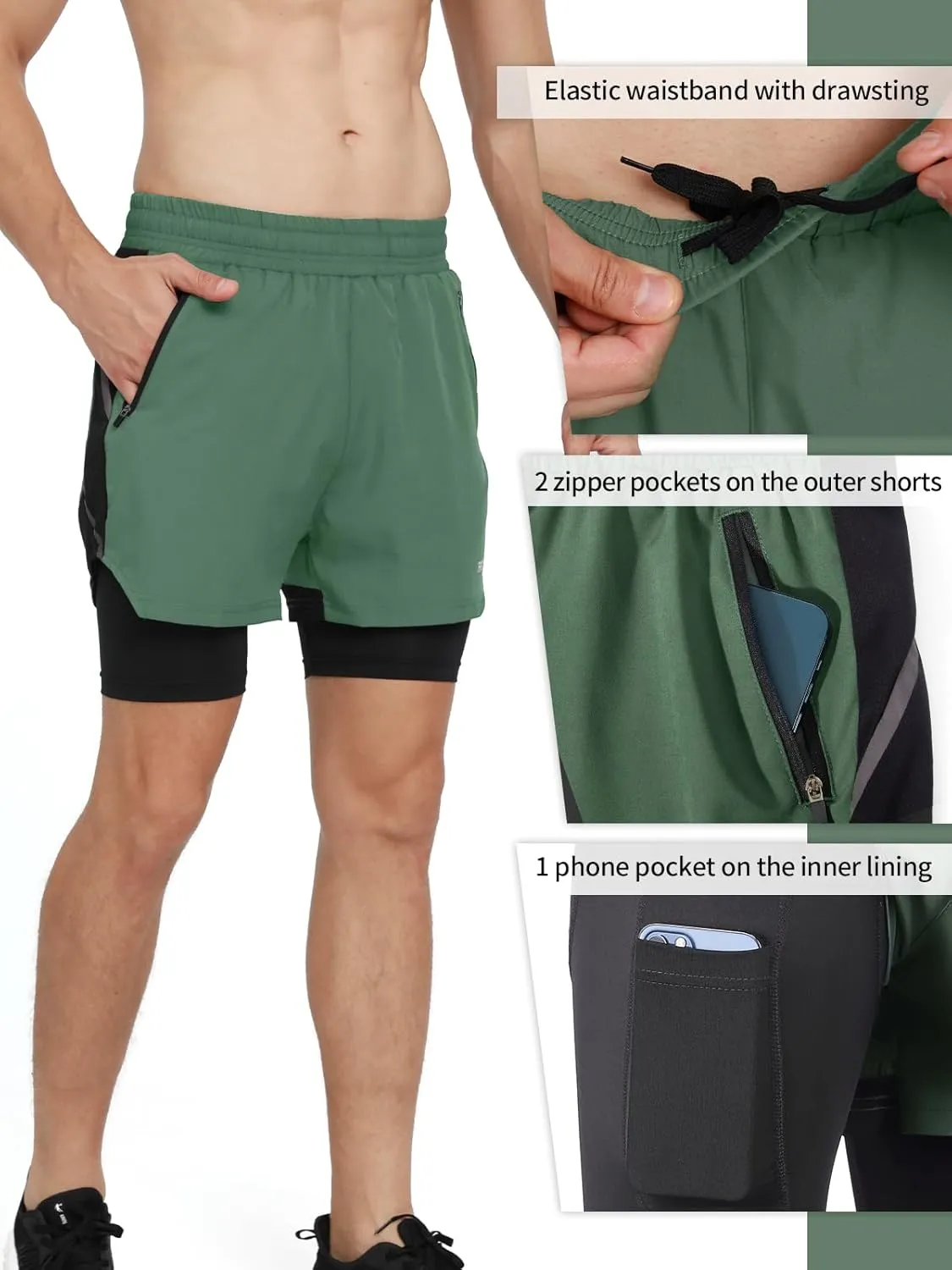 ARSUXEO Men's 2 in 1 Active Running Shorts Athletic Workout Shorts with 2 Zipper Pockets