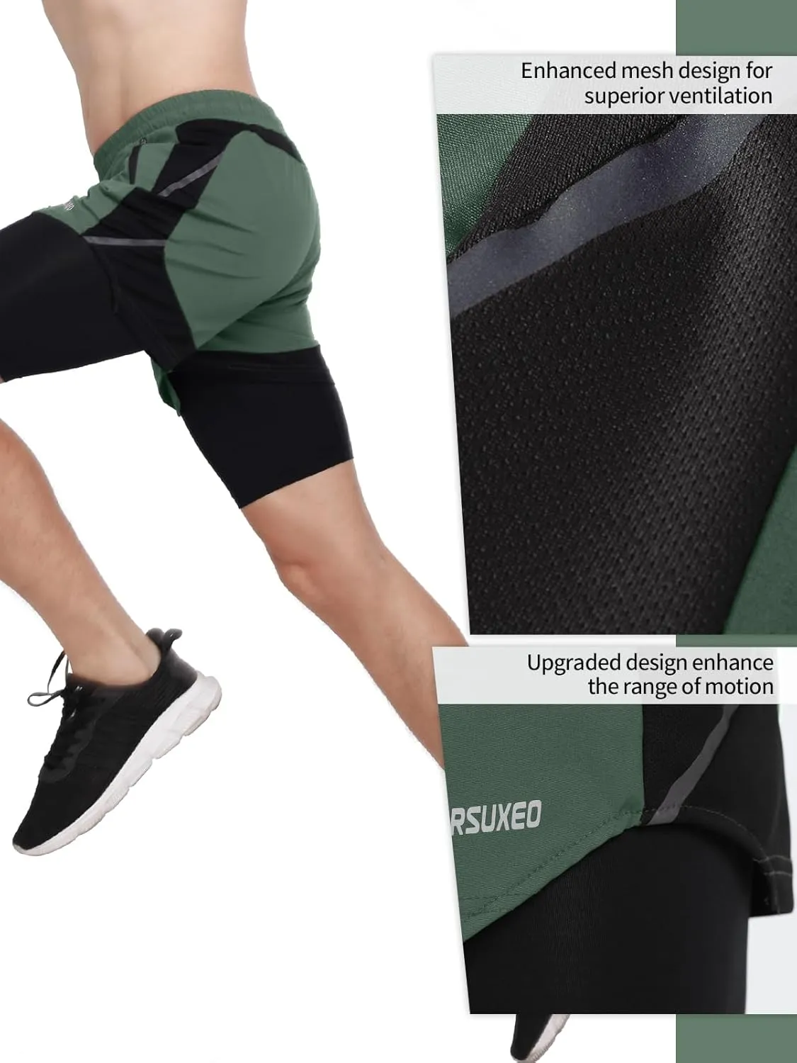 ARSUXEO Men's 2 in 1 Active Running Shorts Athletic Workout Shorts with 2 Zipper Pockets