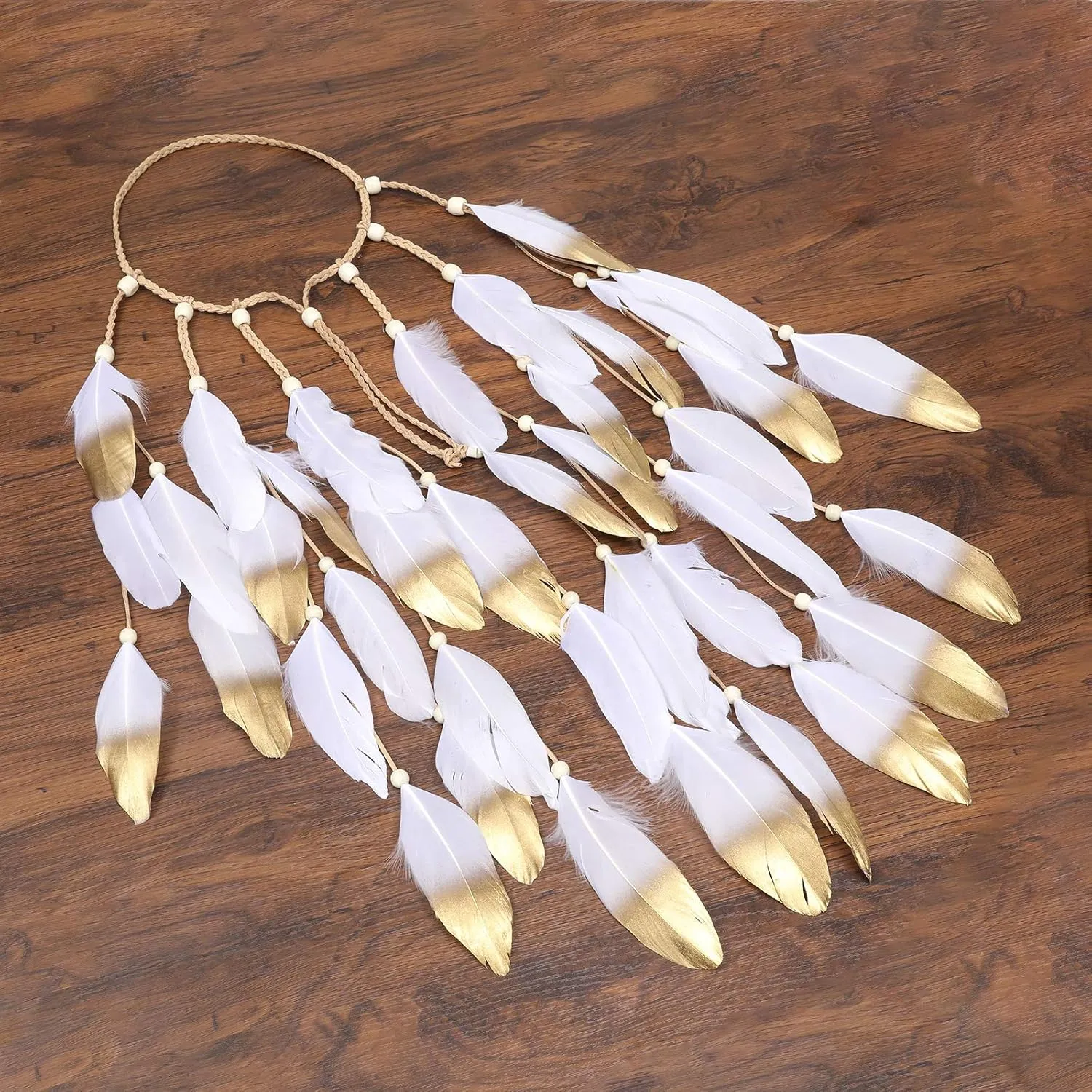 AWAYTR Hippie Headband Feather Dreamcatcher Headdress Boho Headwear Headpiece Hippie Clothes Peacock Feather Hair Accessories (white champaign gold)