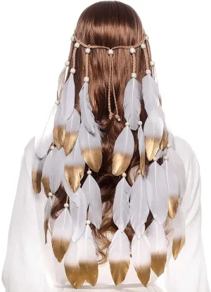 AWAYTR Hippie Headband Feather Dreamcatcher Headdress Boho Headwear Headpiece Hippie Clothes Peacock Feather Hair Accessories (white champaign gold)