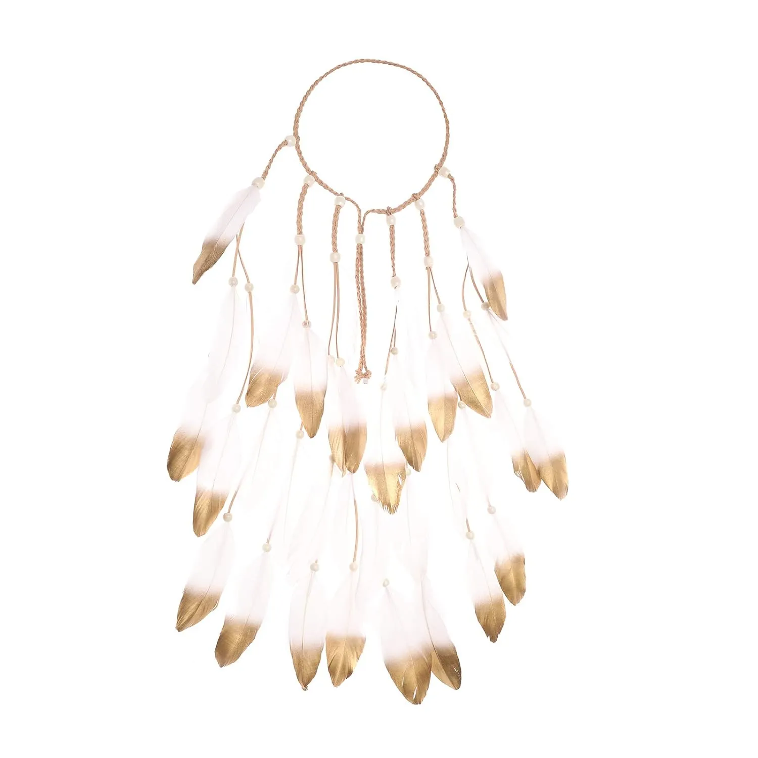 AWAYTR Hippie Headband Feather Dreamcatcher Headdress Boho Headwear Headpiece Hippie Clothes Peacock Feather Hair Accessories (white champaign gold)