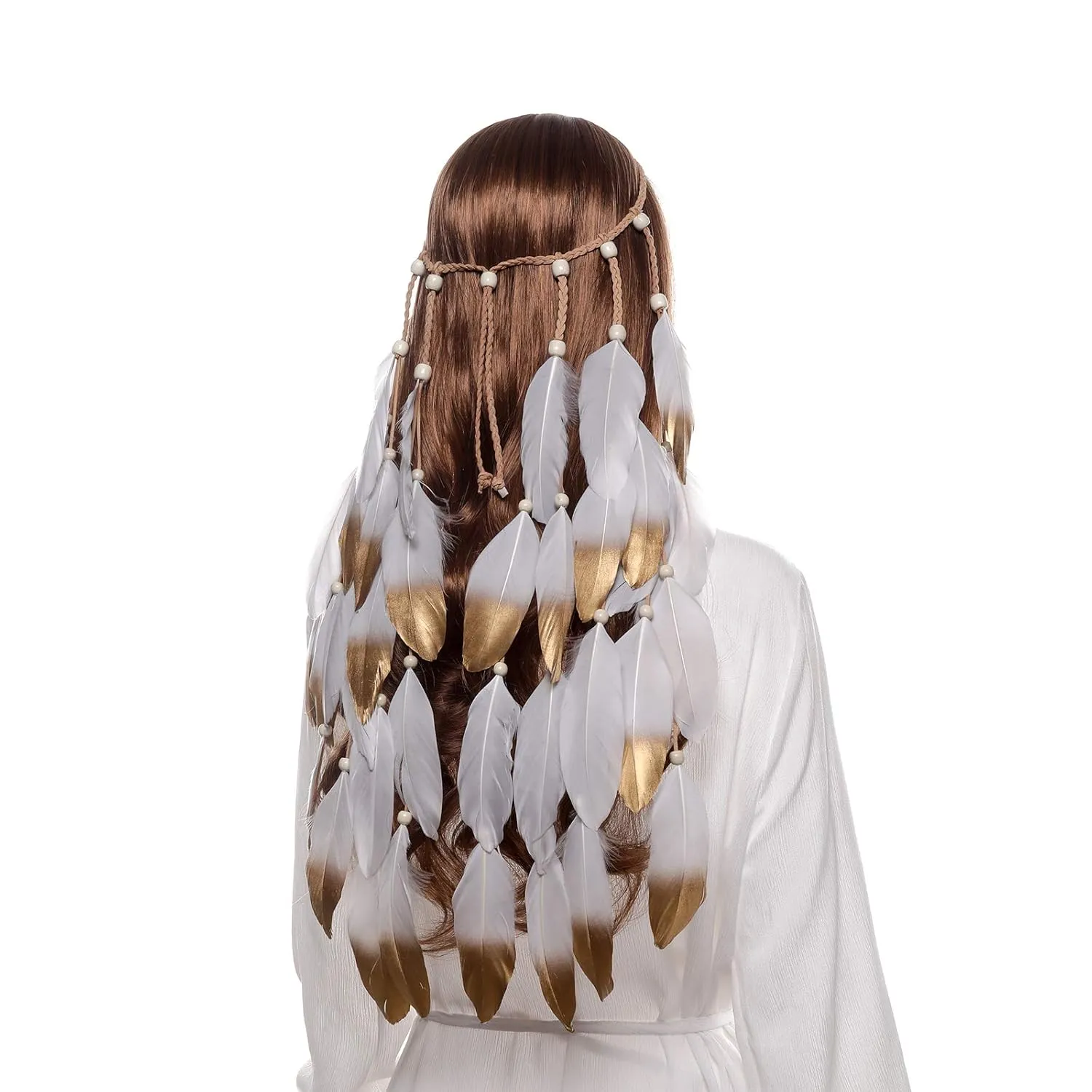 AWAYTR Hippie Headband Feather Dreamcatcher Headdress Boho Headwear Headpiece Hippie Clothes Peacock Feather Hair Accessories (white champaign gold)
