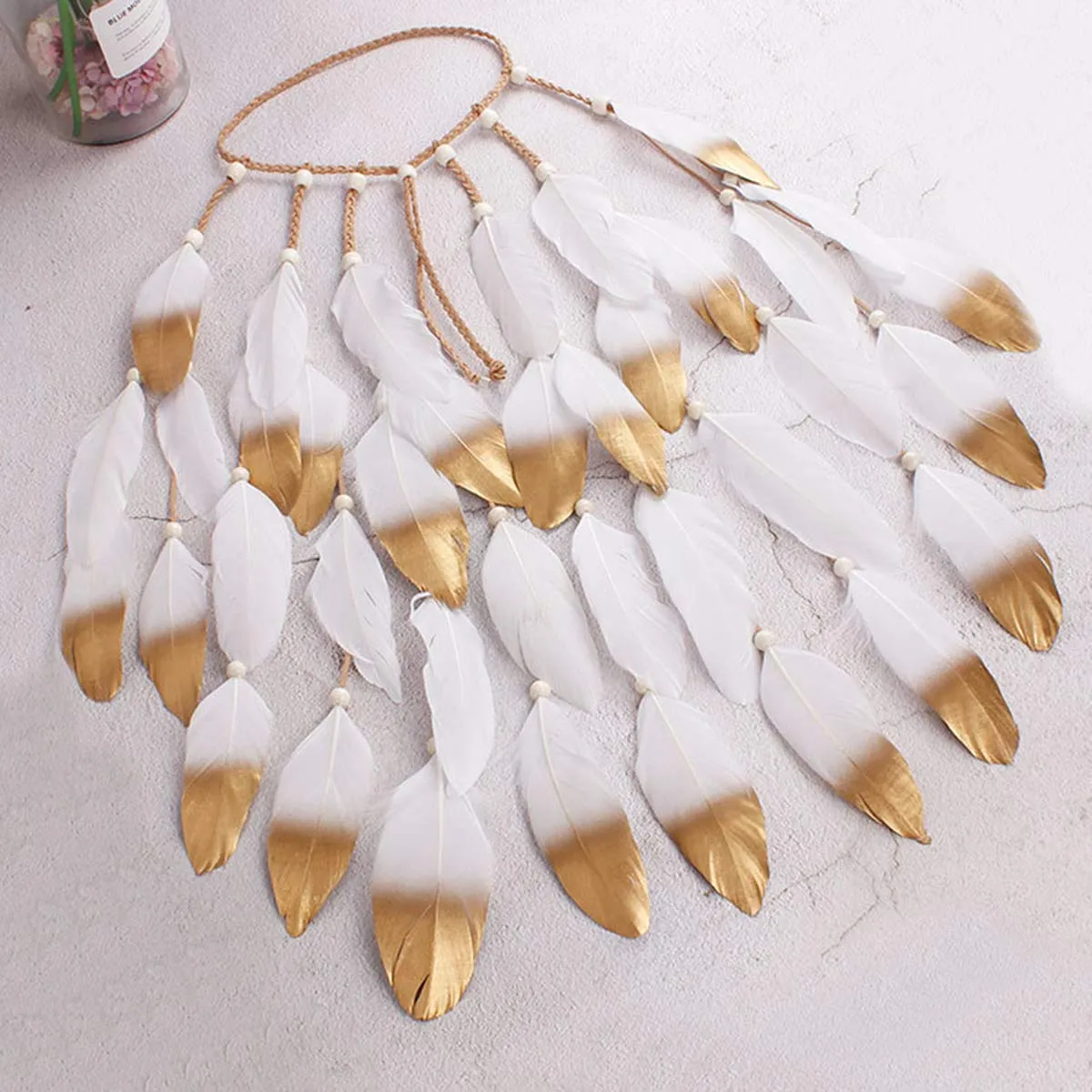AWAYTR Hippie Headband Feather Dreamcatcher Headdress Boho Headwear Headpiece Hippie Clothes Peacock Feather Hair Accessories (white champaign gold)