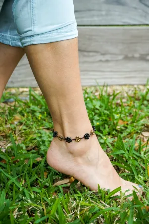 Black Onyx Floral Golden Brass Boho Anklet