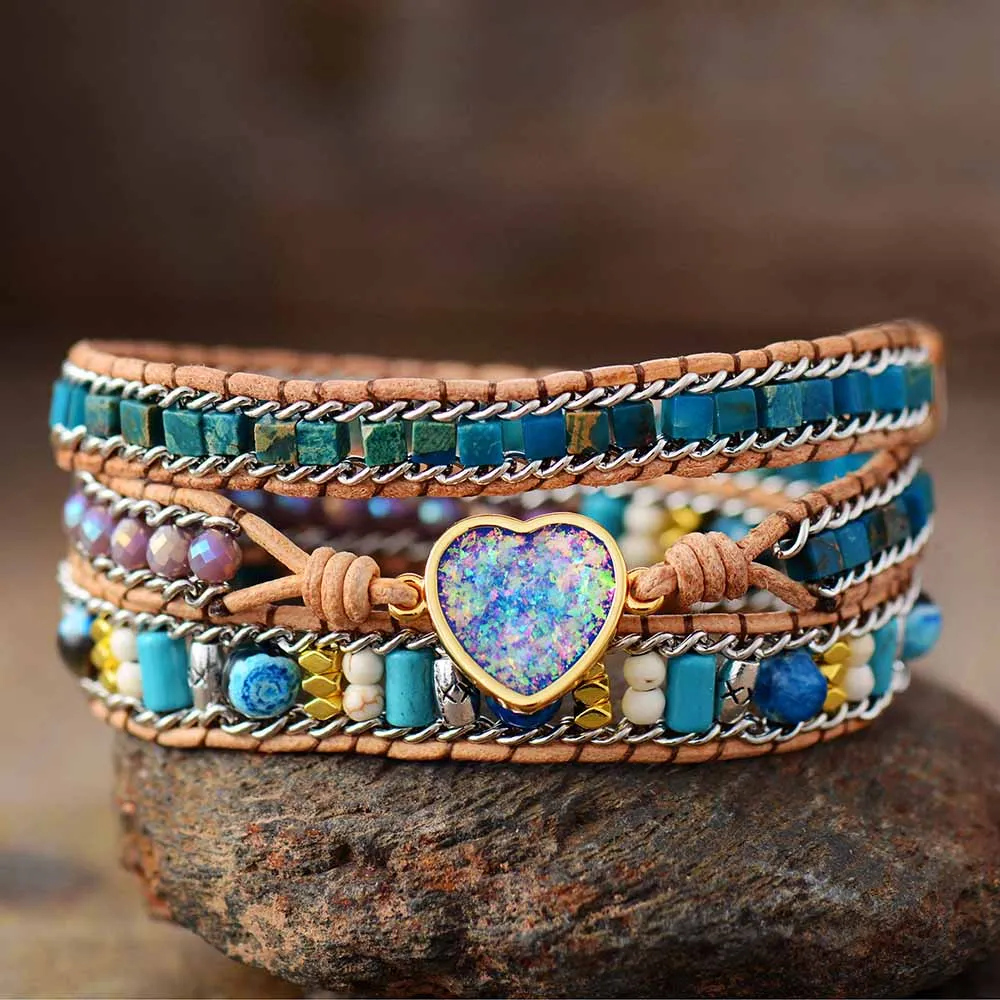 Boho Bracelet, 3 Layers Leather Wrap Bracelet, Jasper Agate Heart