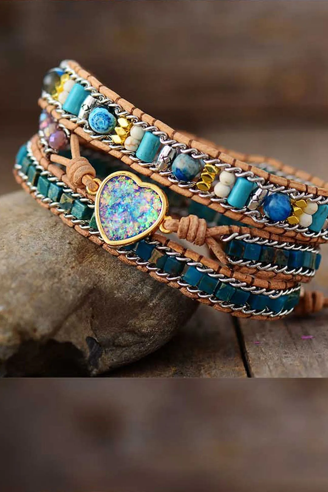 Boho Bracelet, 3 Layers Leather Wrap Bracelet, Jasper Agate Heart