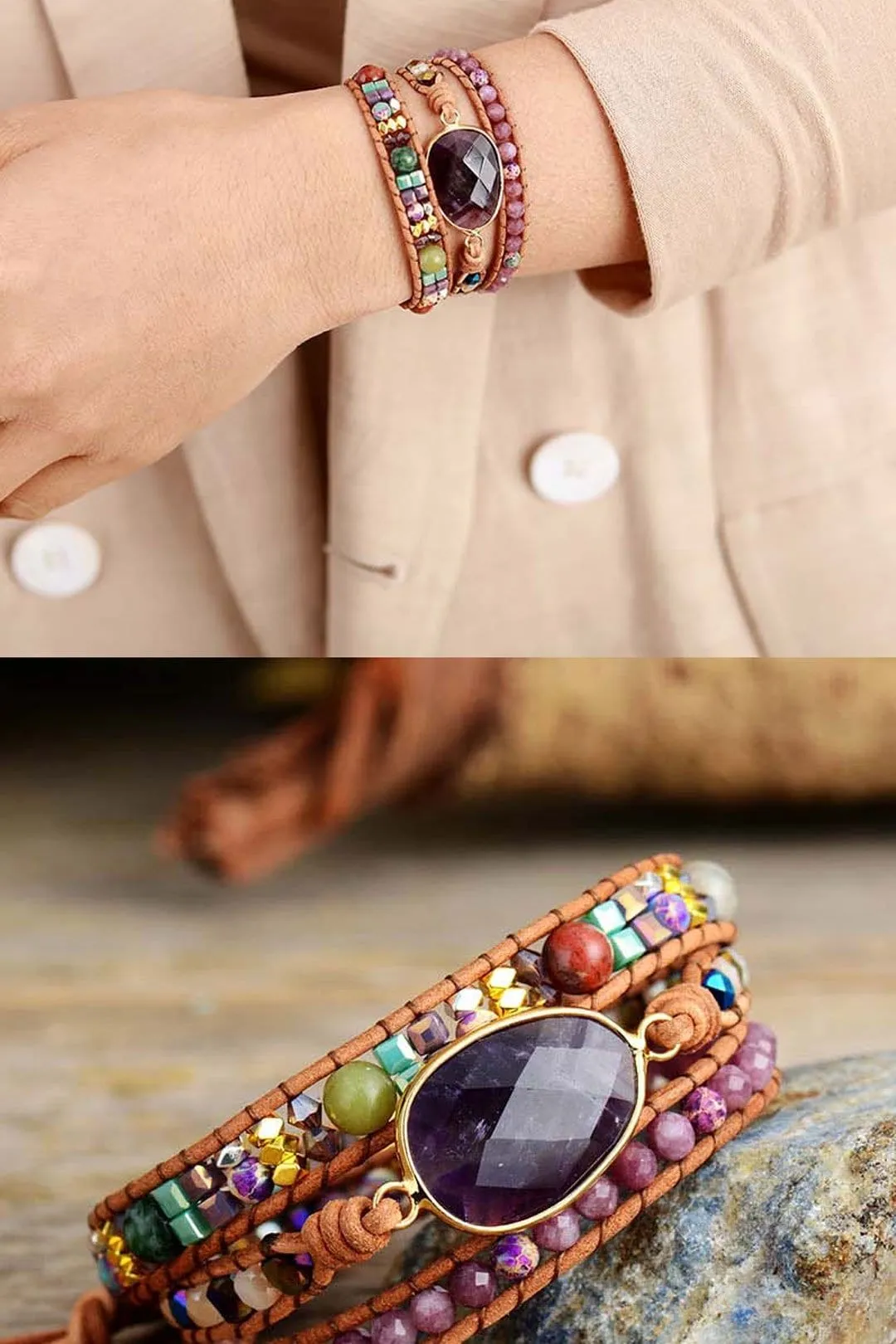 Boho Bracelet, 3 Layers Leather Wrap Bracelet, Natural Stone Purple Amethysts