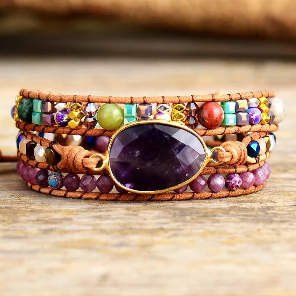 Boho Bracelet, 3 Layers Leather Wrap Bracelet, Natural Stone Purple Amethysts