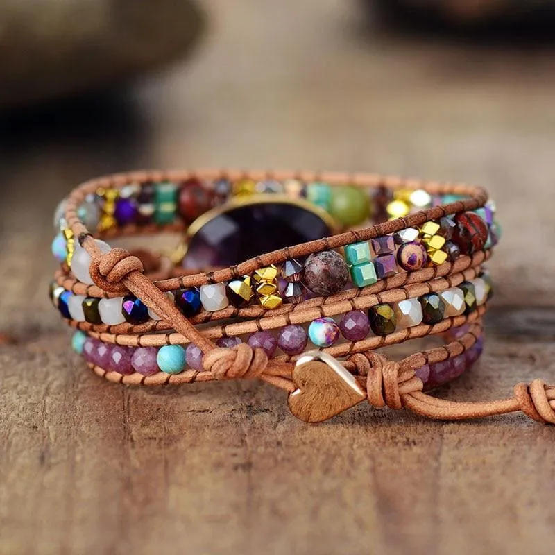 Boho Bracelet, 3 Layers Leather Wrap Bracelet, Natural Stone Purple Amethysts