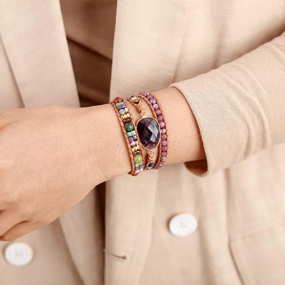 Boho Bracelet, 3 Layers Leather Wrap Bracelet, Natural Stone Purple Amethysts