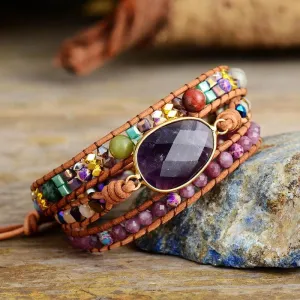 Boho Bracelet, 3 Layers Leather Wrap Bracelet, Natural Stone Purple Amethysts