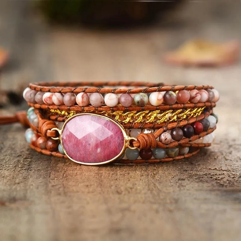 Boho Bracelet, 5 Layers Leather Wrap Bracelet, Pink Rhodonite