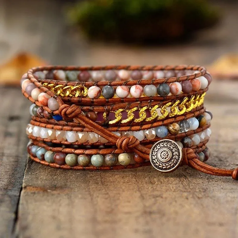 Boho Bracelet, 5 Layers Leather Wrap Bracelet, Pink Rhodonite