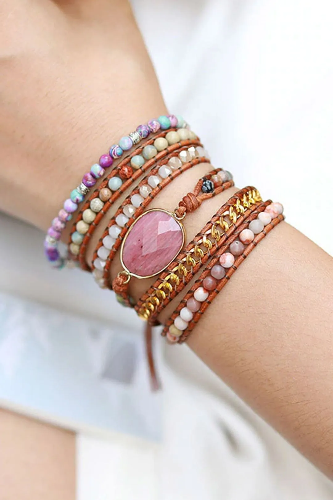 Boho Bracelet, 5 Layers Leather Wrap Bracelet, Pink Rhodonite