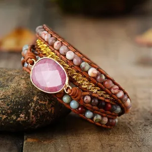 Boho Bracelet, 5 Layers Leather Wrap Bracelet, Pink Rhodonite