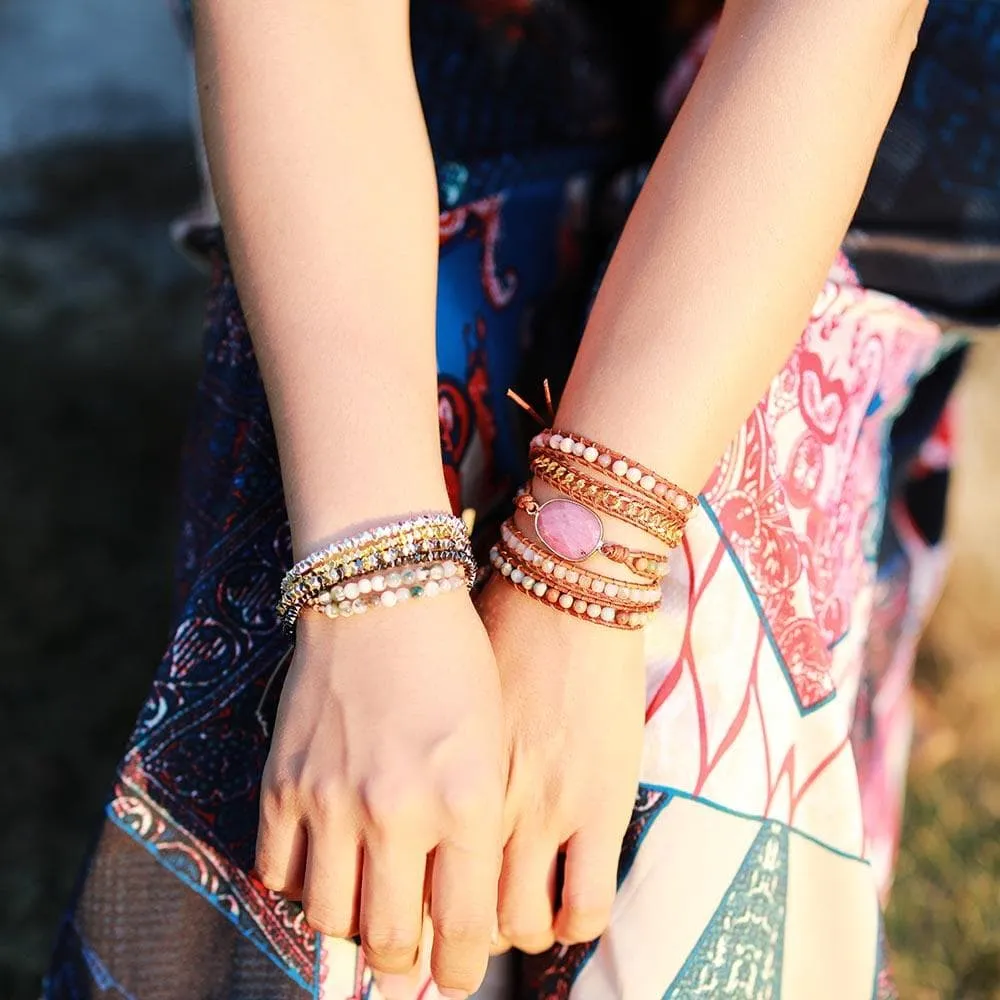 Boho Bracelet, 5 Layers Leather Wrap Bracelet, Pink Rhodonite