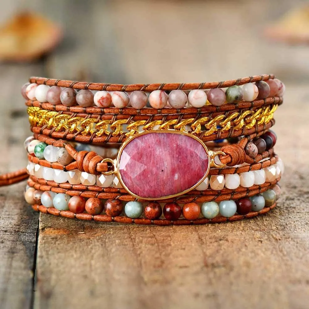 Boho Bracelet, 5 Layers Leather Wrap Bracelet, Pink Rhodonite