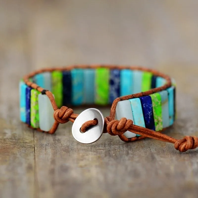 Boho Bracelet, Leather Wrap Bracelet, Blue Brown Tube Ethic