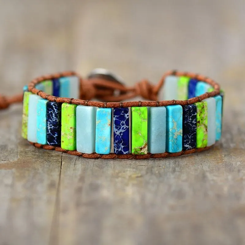 Boho Bracelet, Leather Wrap Bracelet, Blue Brown Tube Ethic