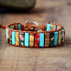 Boho Bracelet, Leather Wrap Bracelet, Blue Brown Tube Ethic