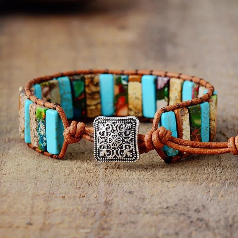 Boho Bracelet, Leather Wrap Bracelet, Blue Brown Tube Ethic