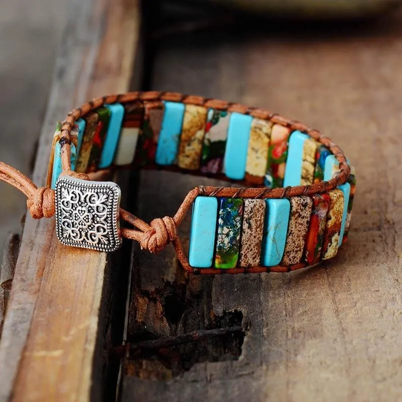 Boho Bracelet, Leather Wrap Bracelet, Blue Brown Tube Ethic