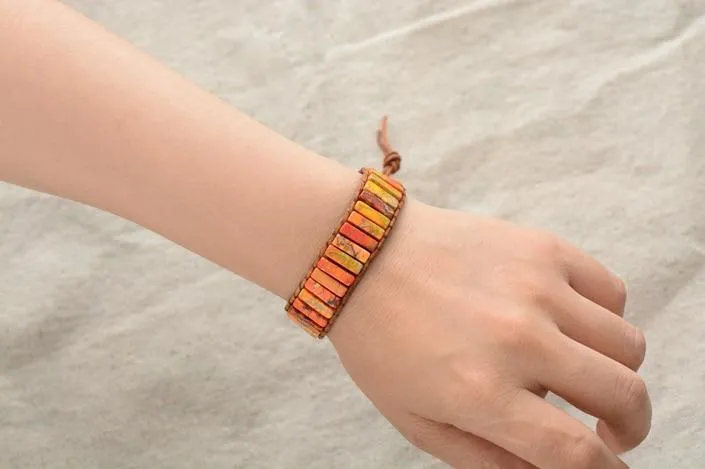 Boho Bracelet, Leather  Wrap Bracelet, Tube Natural Stones, 4 colors Blue, Orange, Green and Red