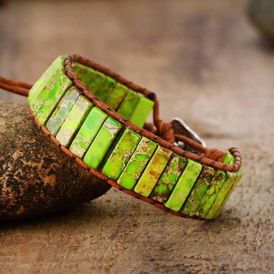 Boho Bracelet, Leather  Wrap Bracelet, Tube Natural Stones, 4 colors Blue, Orange, Green and Red