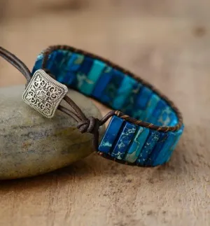 Boho Bracelet, Leather  Wrap Bracelet, Tube Natural Stones, 4 colors Blue, Orange, Green and Red
