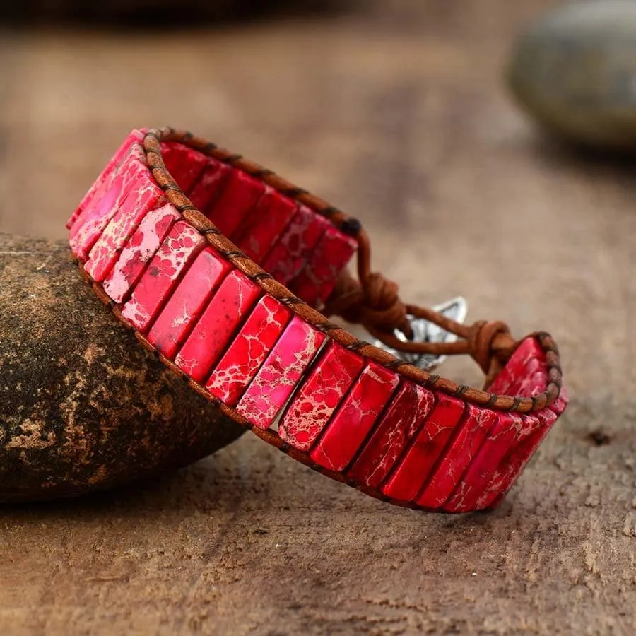 Boho Bracelet, Leather  Wrap Bracelet, Tube Natural Stones, 4 colors Blue, Orange, Green and Red