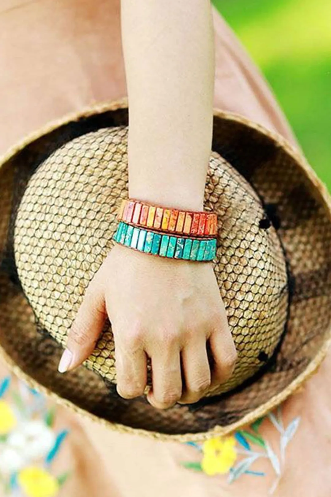 Boho Bracelet, Leather  Wrap Bracelet, Tube Natural Stones, 4 colors Blue, Orange, Green and Red
