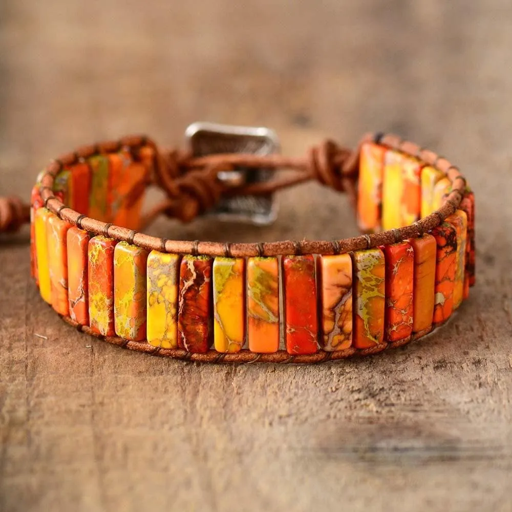 Boho Bracelet, Leather  Wrap Bracelet, Tube Natural Stones, 4 colors Blue, Orange, Green and Red