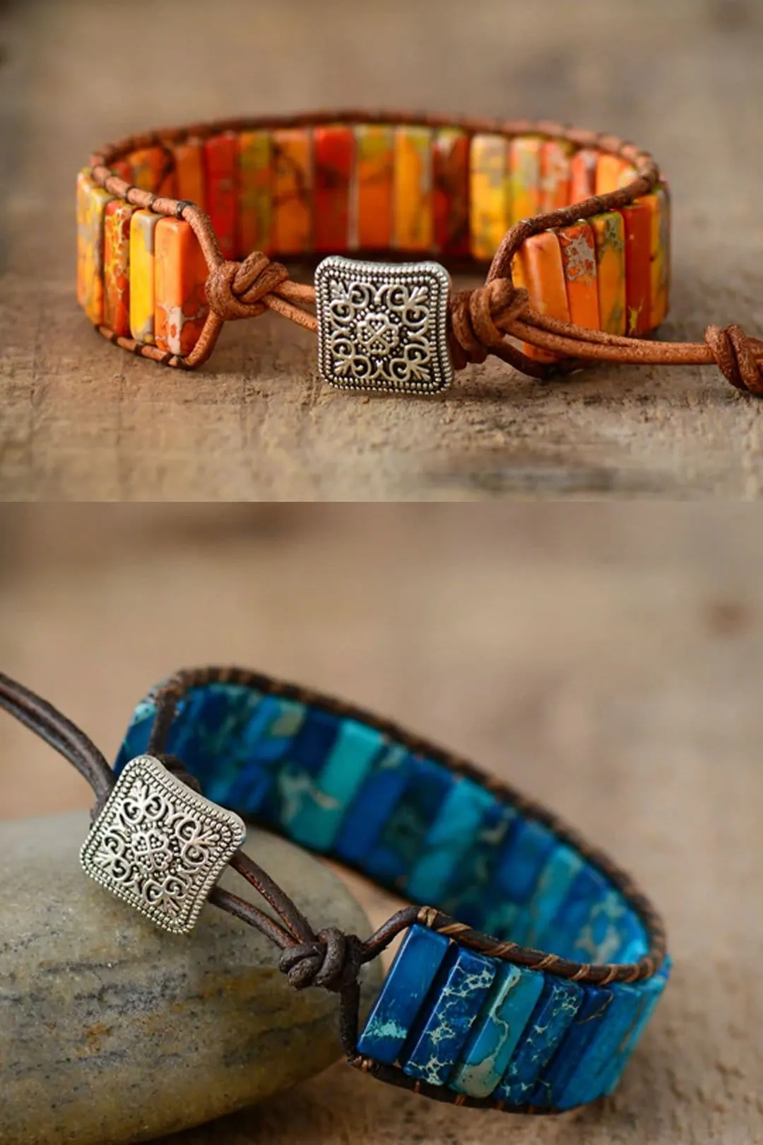 Boho Bracelet, Leather  Wrap Bracelet, Tube Natural Stones, 4 colors Blue, Orange, Green and Red