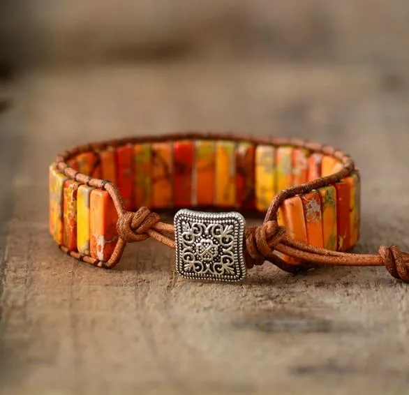 Boho Bracelet, Leather  Wrap Bracelet, Tube Natural Stones, 4 colors Blue, Orange, Green and Red