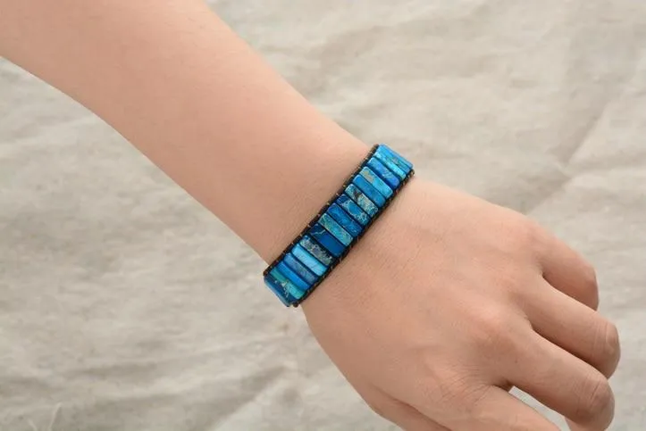 Boho Bracelet, Leather  Wrap Bracelet, Tube Natural Stones, 4 colors Blue, Orange, Green and Red