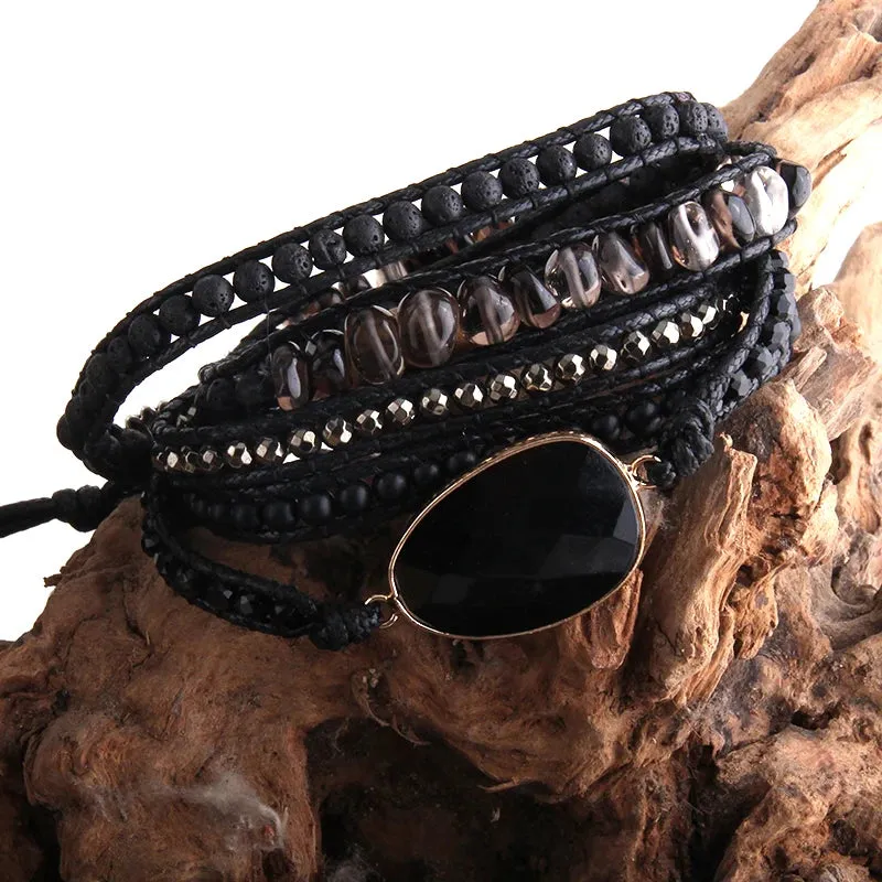 Boho Bracelet - RH 5-Layer Leather Wrap with Oval Violet Natural Stones