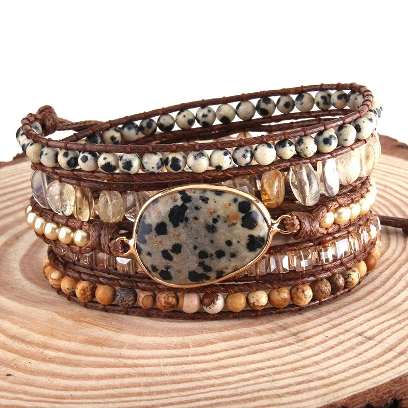 Boho Bracelet - RH 5-Layer Leather Wrap with Oval Violet Natural Stones