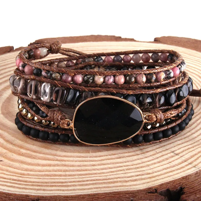 Boho Bracelet - RH 5-Layer Leather Wrap with Oval Violet Natural Stones