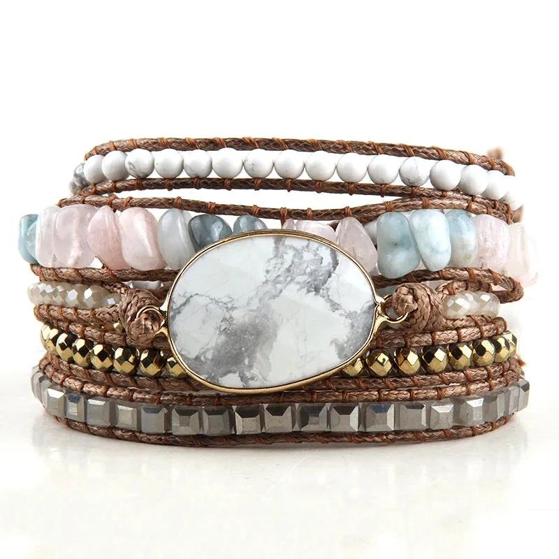 Boho Bracelet - RH 5-Layer Leather Wrap with Oval Violet Natural Stones